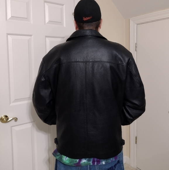 GAP Heavy Leather Jacket Mens XXL Black Zip Quilted Lining Bomber Biker Jacket - Picture 2 of 12